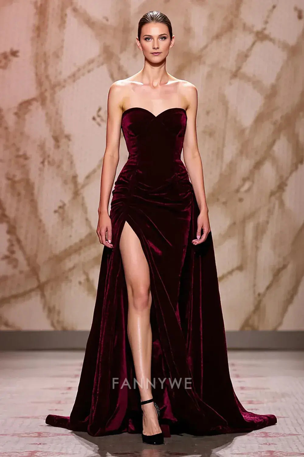 FannyWe Simple Evening Dresses Dark Red Velvet Sweetheart Long Evening Dress with Slit hot sale